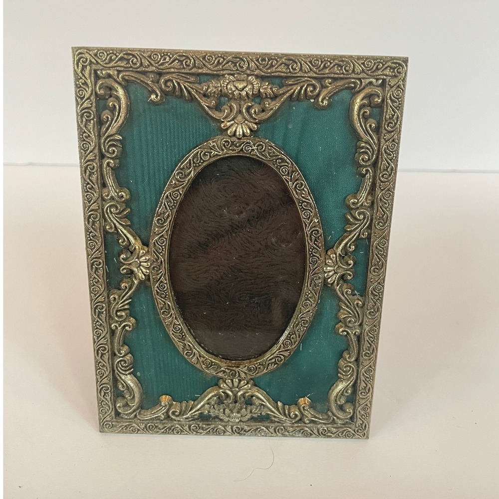 Vintage Ornate Gold Filigree Teal Fabric Picture Frame Oval Opening